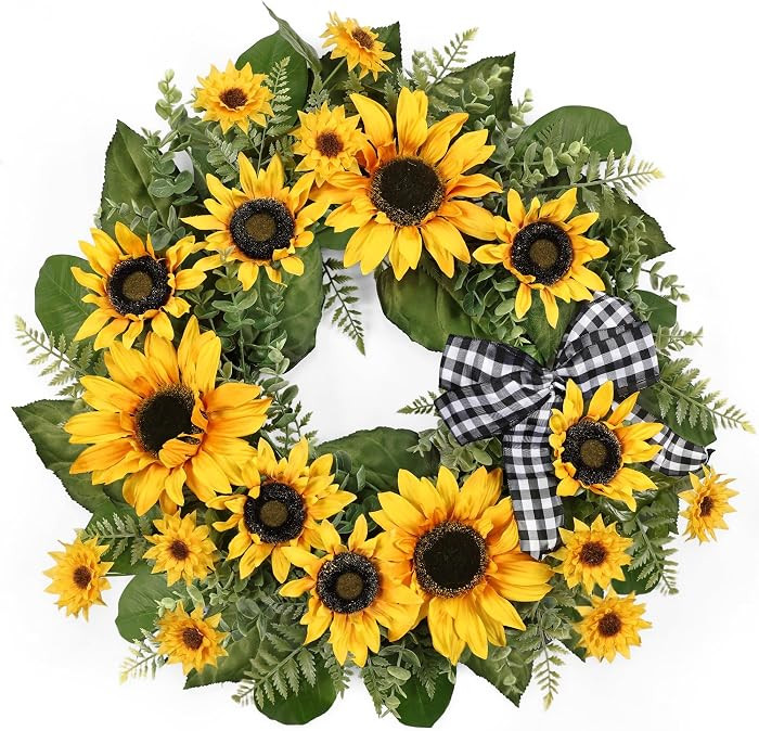 24 Inch Large Sunflower Spring Summer Wreath for Front Door, All Season Wreath with Bow Wreaths f... | Amazon (US)
