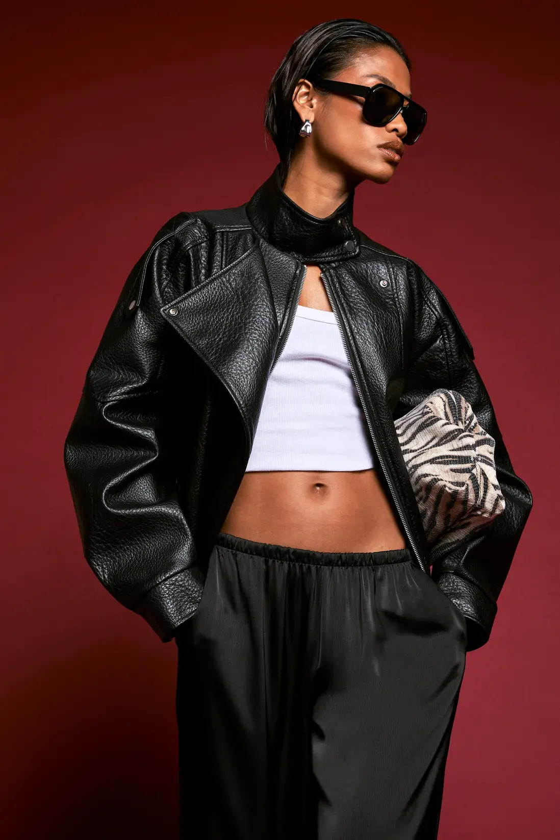 Black Funnel Neck Pebbled Faux Leather Bomber Jacket | Boohoo | Boohoo.com (UK & IE)