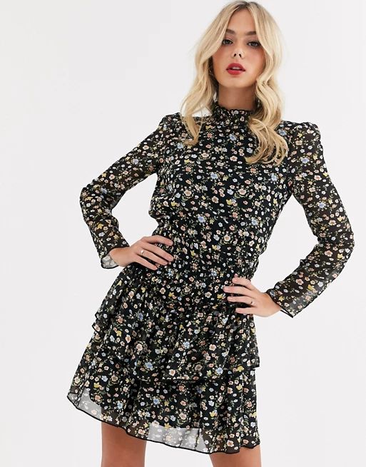 ASOS DESIGN high neck shirred waist mini dress in ditsy floral print | ASOS (Global)