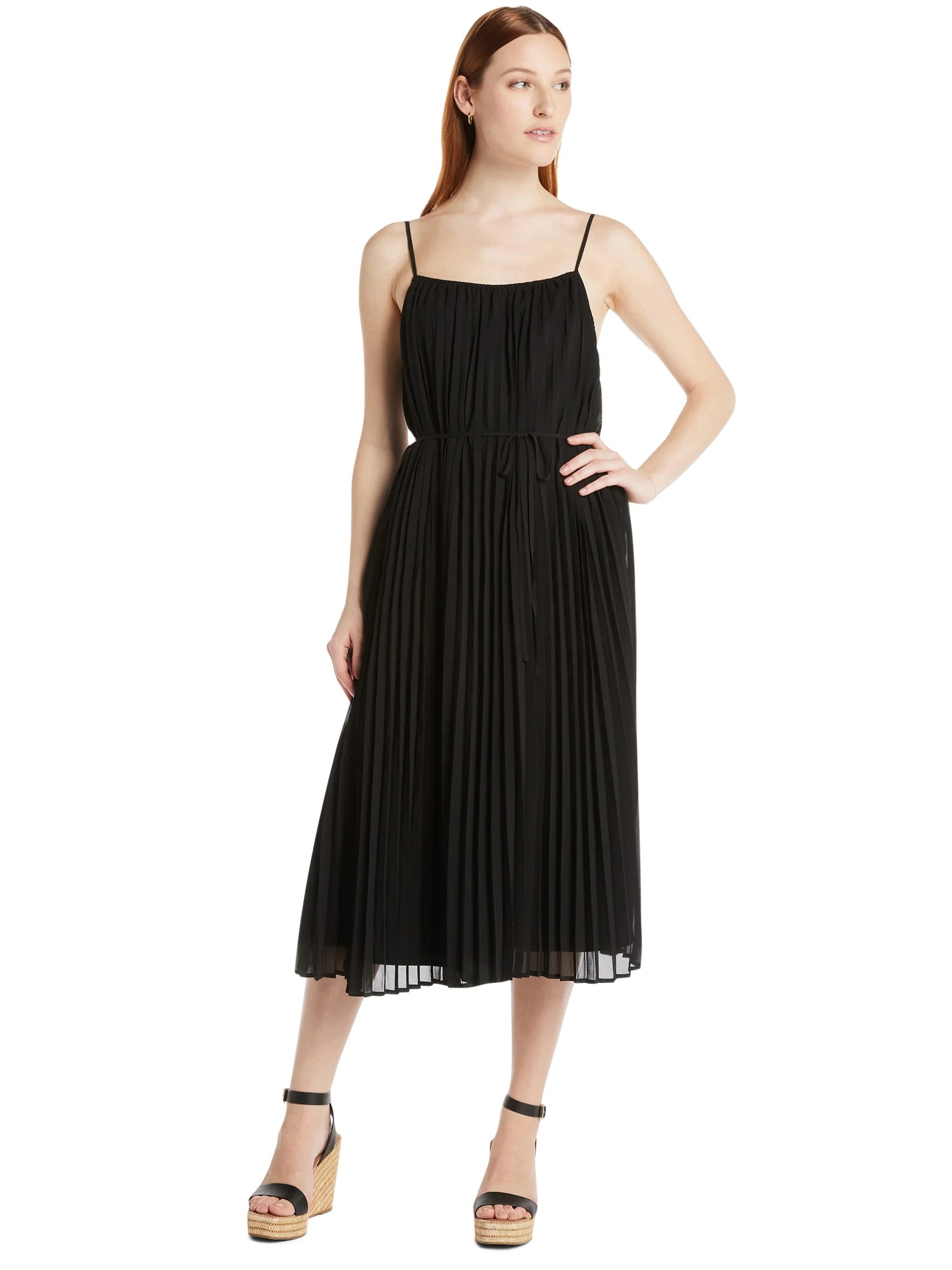 Time and Tru Women's Sleeveless Pleated Dress with Tie Waist, Sizes XS-XXXL | Walmart (US)