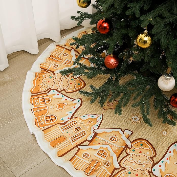 48 Inches Christmas Tree Skirt Gingerbread House Pattern Christmas Tree Mat Cookies Sugar Candy O... | Amazon (US)