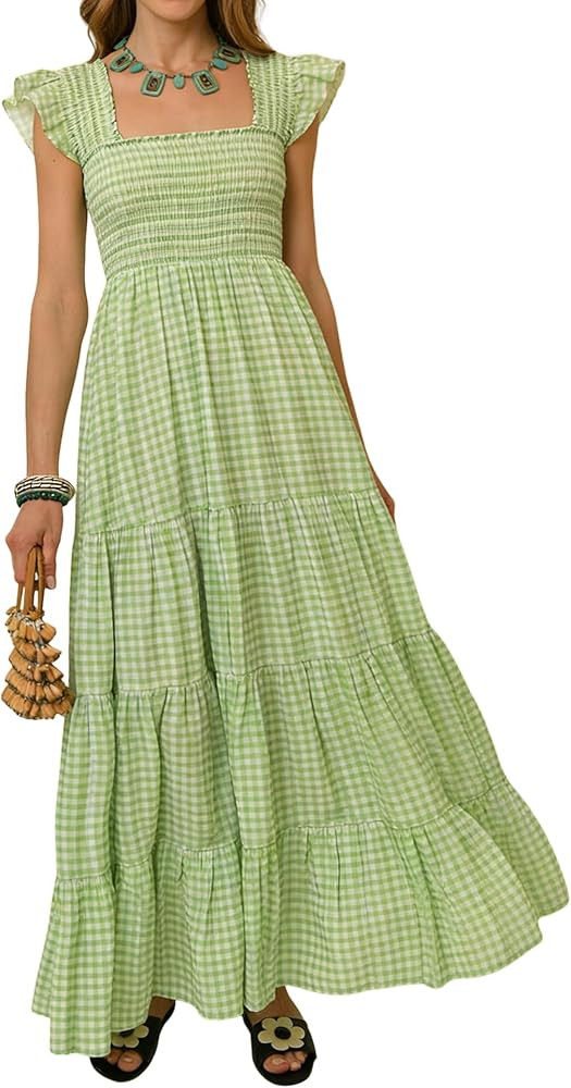 R.Vivimos 2026 Summer Cotton Plaid Maxi Dresses for Women Flutter Sleeve Square Neck Smocked Ruff... | Amazon (US)