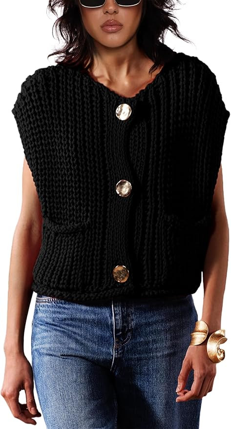 Sweater Vest for Women 2025 Casual Cropped Open Front Sleeveless Chunky Knit Top Button Down Card... | Amazon (US)
