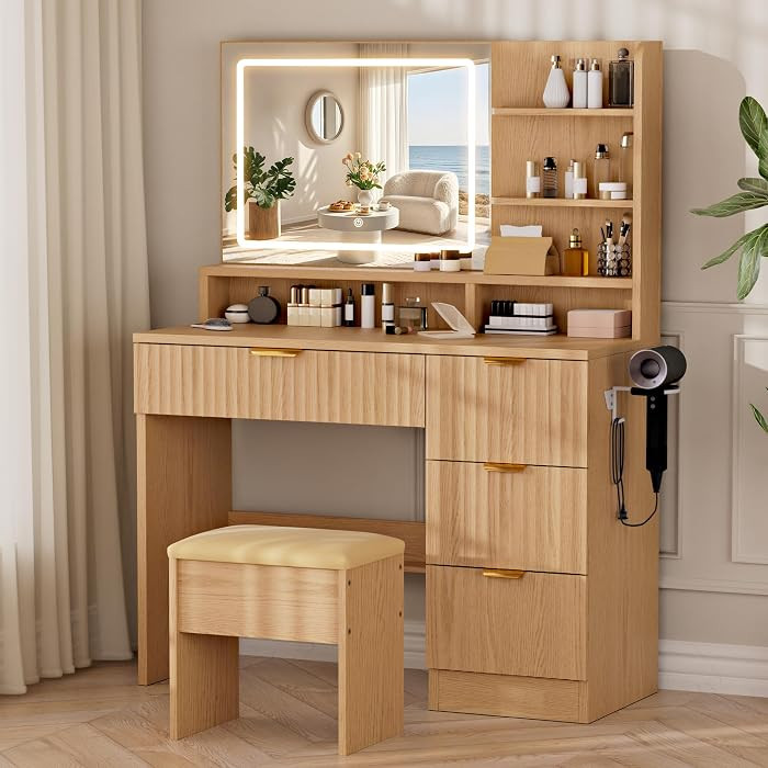LIVELYGLOW 35.4" Wooden Makeup Vanity Set with Charging Station & Stool | Amazon (US)