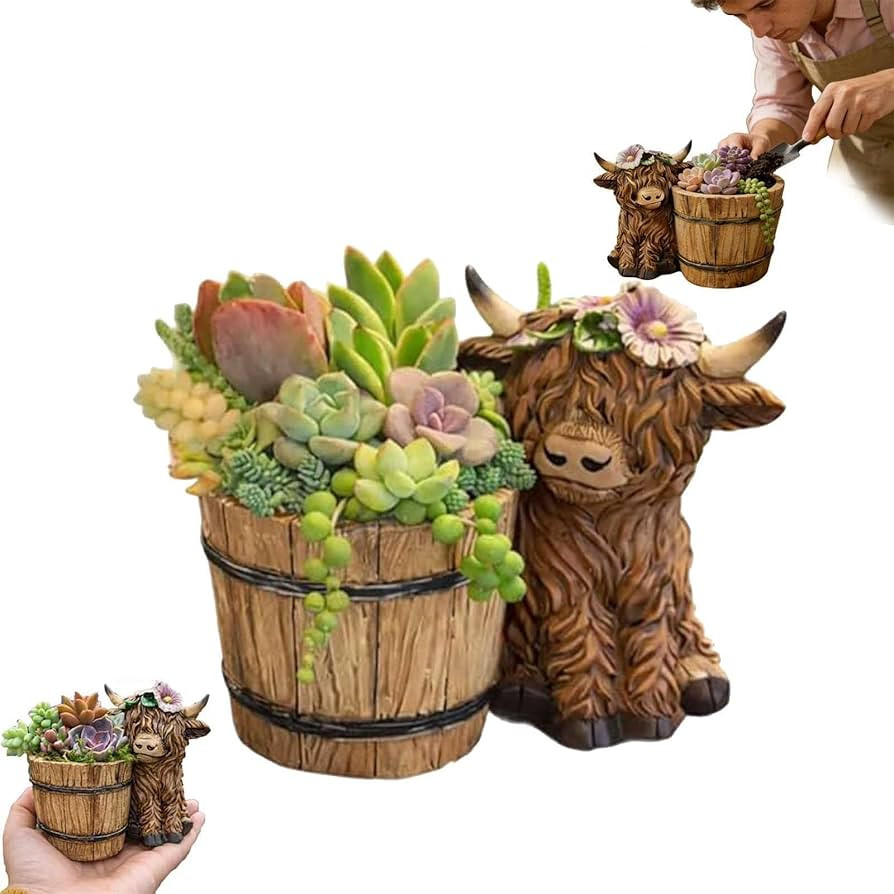Highland Cow Succulent Planter Pot, Adorable Ceramic Highland Cow with Wooden Barrel Planter for ... | Amazon (US)