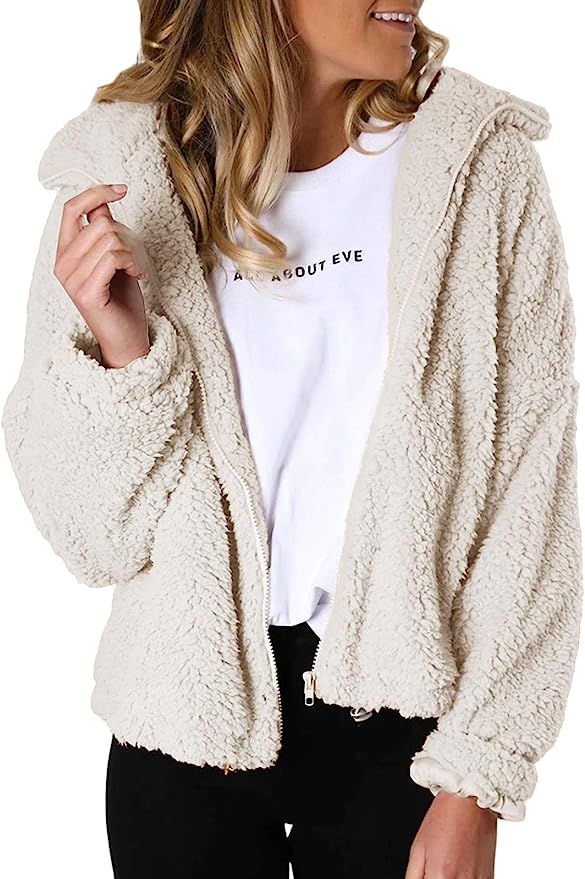 Niitawm Womens Fashion Long Sleeve Zip Up Faux Fur Jackets Shearling Shaggy Fleece Fuzzy Winter W... | Amazon (US)