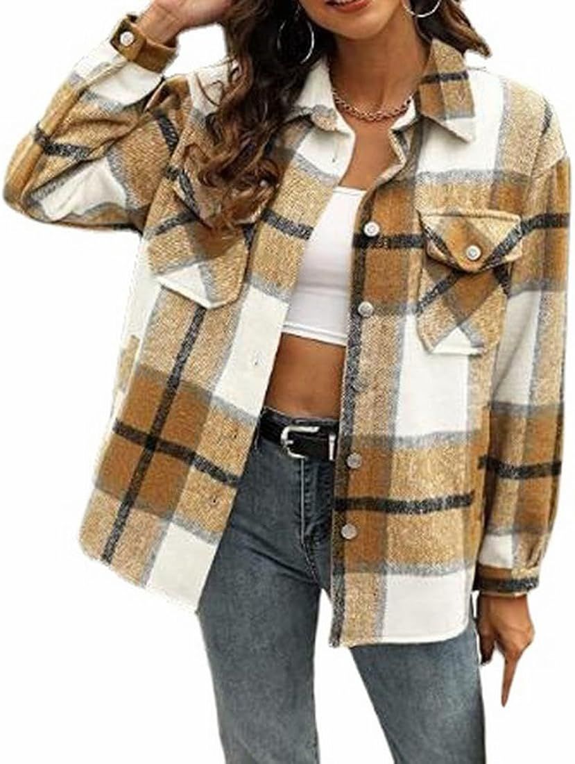 Womens Casual Coats Plaid Lapel Button Short Pocketed Shacket Shirts | Amazon (CA)