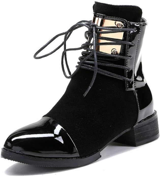 LIURUIJIA Women Leather Genuine Boots Ankle Boots Sheet Metal Short Boots Flat Bottom Black Wine ... | Amazon (US)