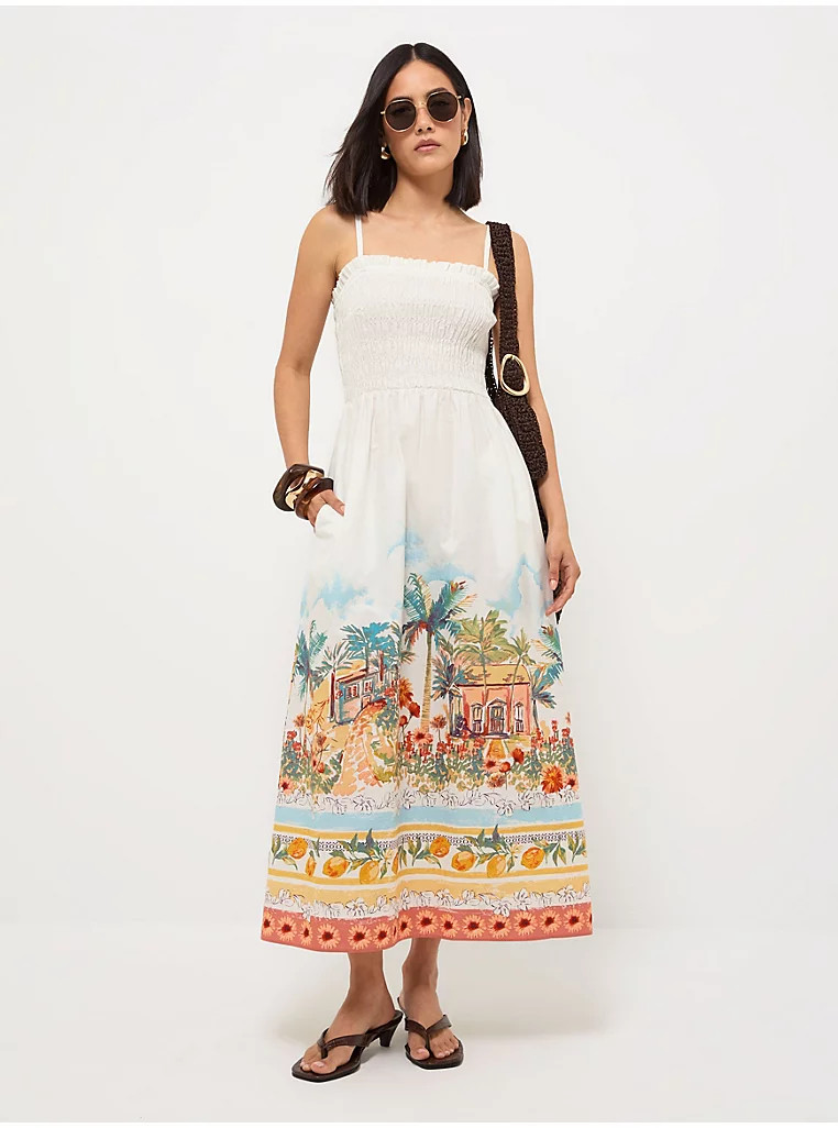 White Scenic Shirred Poplin Midi Dress | George