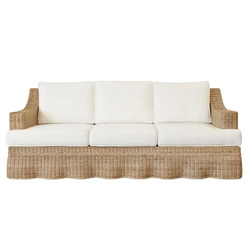 Evelyn White Upholstered Linen Natural Woven Rattan Scalloped Sofa - 85.5"W | Kathy Kuo Home