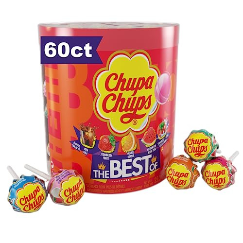 Chupa Chups Candy Lollipops, 5 Assorted Flavors, Drum Display for Parties Office Concessions, 60 Count Drum(Pack of 1) | Amazon (US)