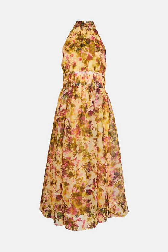 Floral Organdie Shirred Halterneck Midi Dress | Karen Millen UK & IE