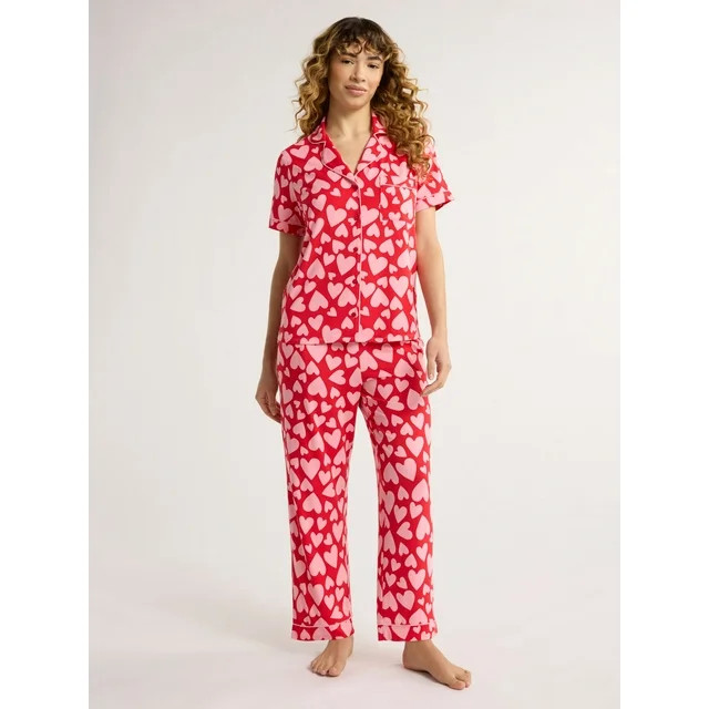 Joyspun Women's and Women’s Plus Jersey Notch Collar Top and Capri Pants Pajama Set, 2-Piece, S... | Walmart (US)