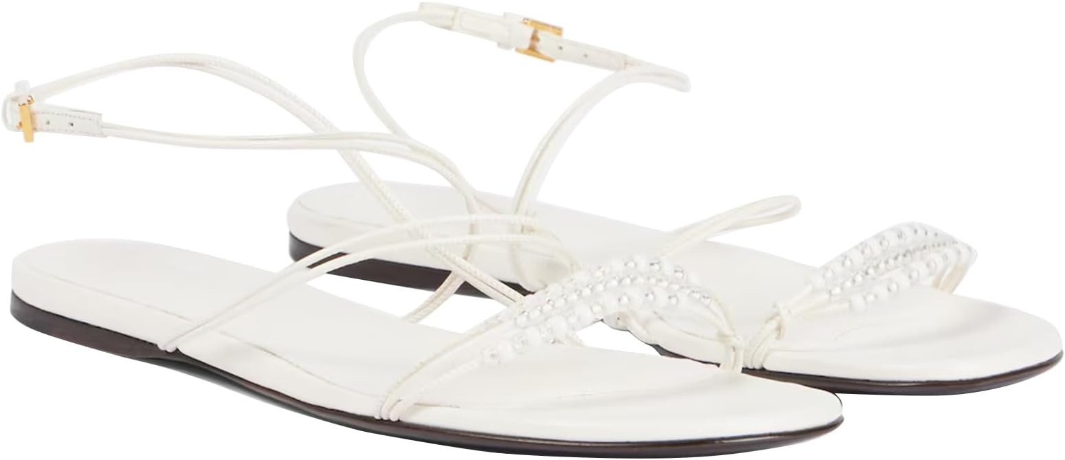 Flats Sandals for Women Strappy Beaded Peral Low Heel Round Open Toe Casual Vacation Beach Daily ... | Amazon (US)