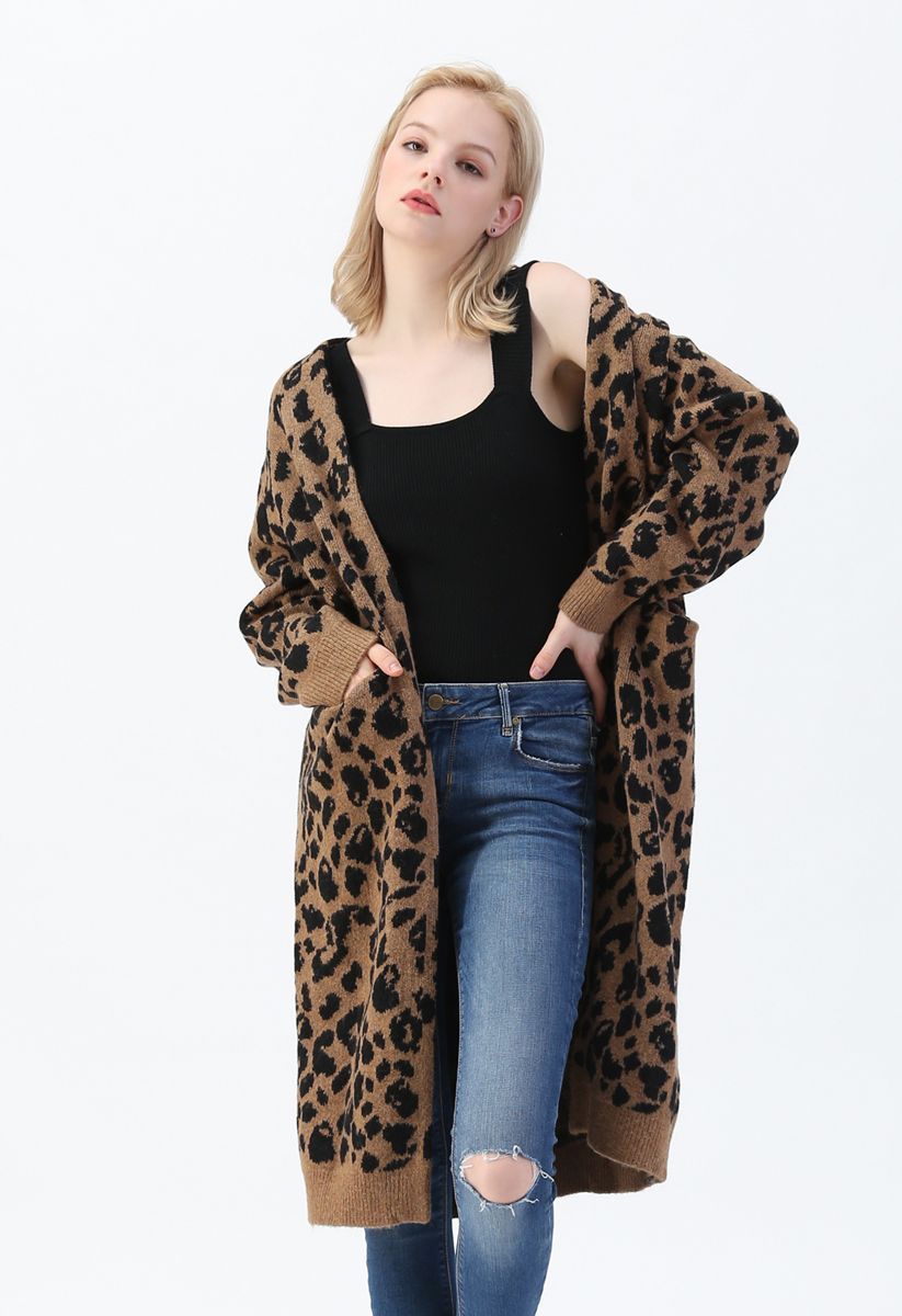 Leopard Pockets Longline Cardigan in Brown | Chicwish