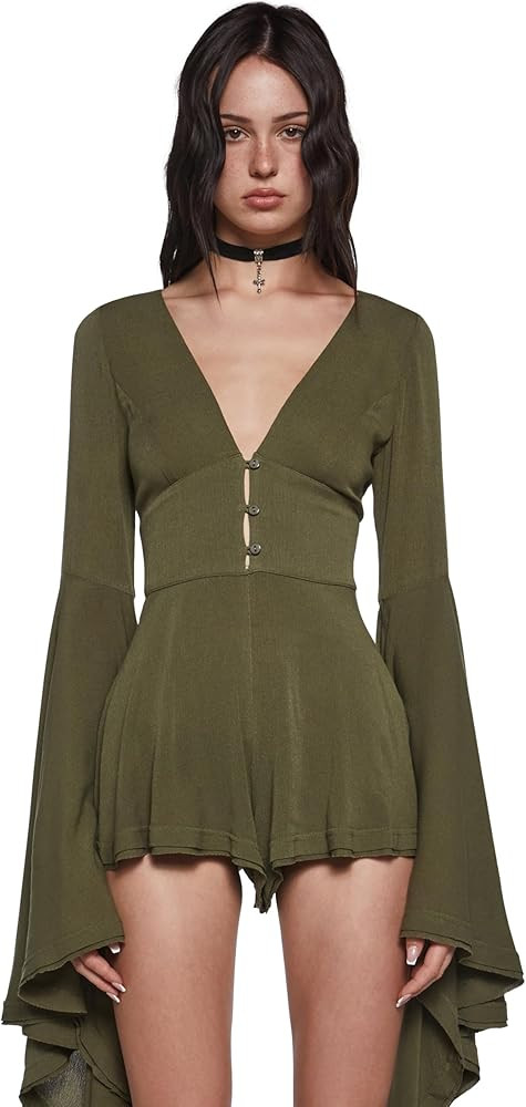 Dolls Kill Soulful Bliss Romper by Current Mood – Women’s Boho Deep V Gauzy V-Neck Romper wit... | Amazon (US)