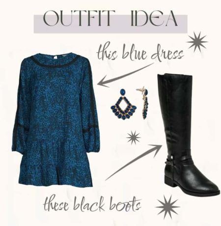 This blue dress is blowy and flattering and perfect for fall. It’s paired with black boots in these beautiful blue chandelier earrings￼

#LTKstyletip #LTKunder50