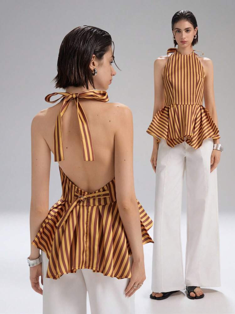 LYSMO 2025 New Arrival Summer Women's Vintage Striped Slim-Fit Asymmetric A-Line Ruched Tie Halter Top, Fashion-Forward Style, Retro Disco | SHEIN