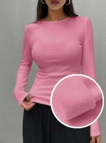 DAZY Women's Solid Color Crew Neck Pink Long Sleeve Simple T-Shirt, Casual Daily Wear | SHEIN