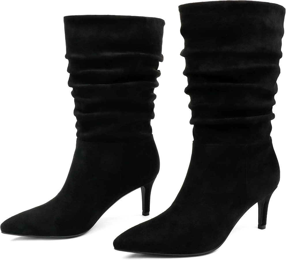 JOY IN LOVE Women's Low Heel Boots, Mid-Calf High Wrinkled Slouchy Boots | Amazon (US)