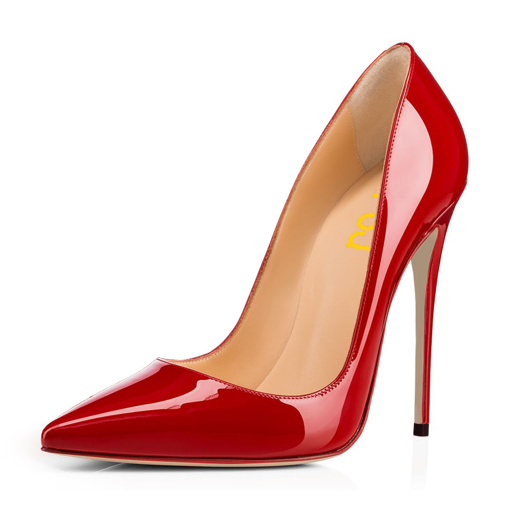Red Patent Leather Stiletto Heels Pointy Toe Office Pumps Shoes | FSJshoes