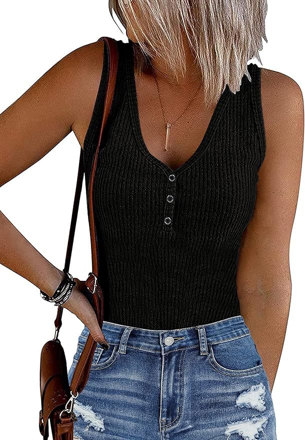 MEROKEETY Women's 2023 Ribbed Button V Neck Bodysuits Sleeveless Slim Fit Knit Body Suits | Amazon (US)