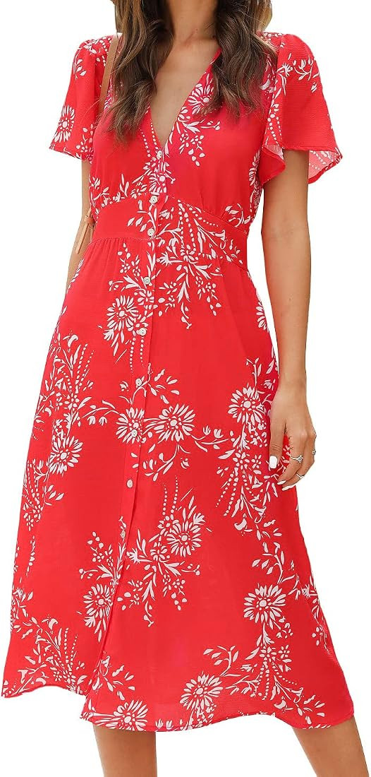 ROYLAMP Women's Floral Button Up Split Dress Deep V Short Bell Sleeve Casual Midi Dress with Pock... | Amazon (US)