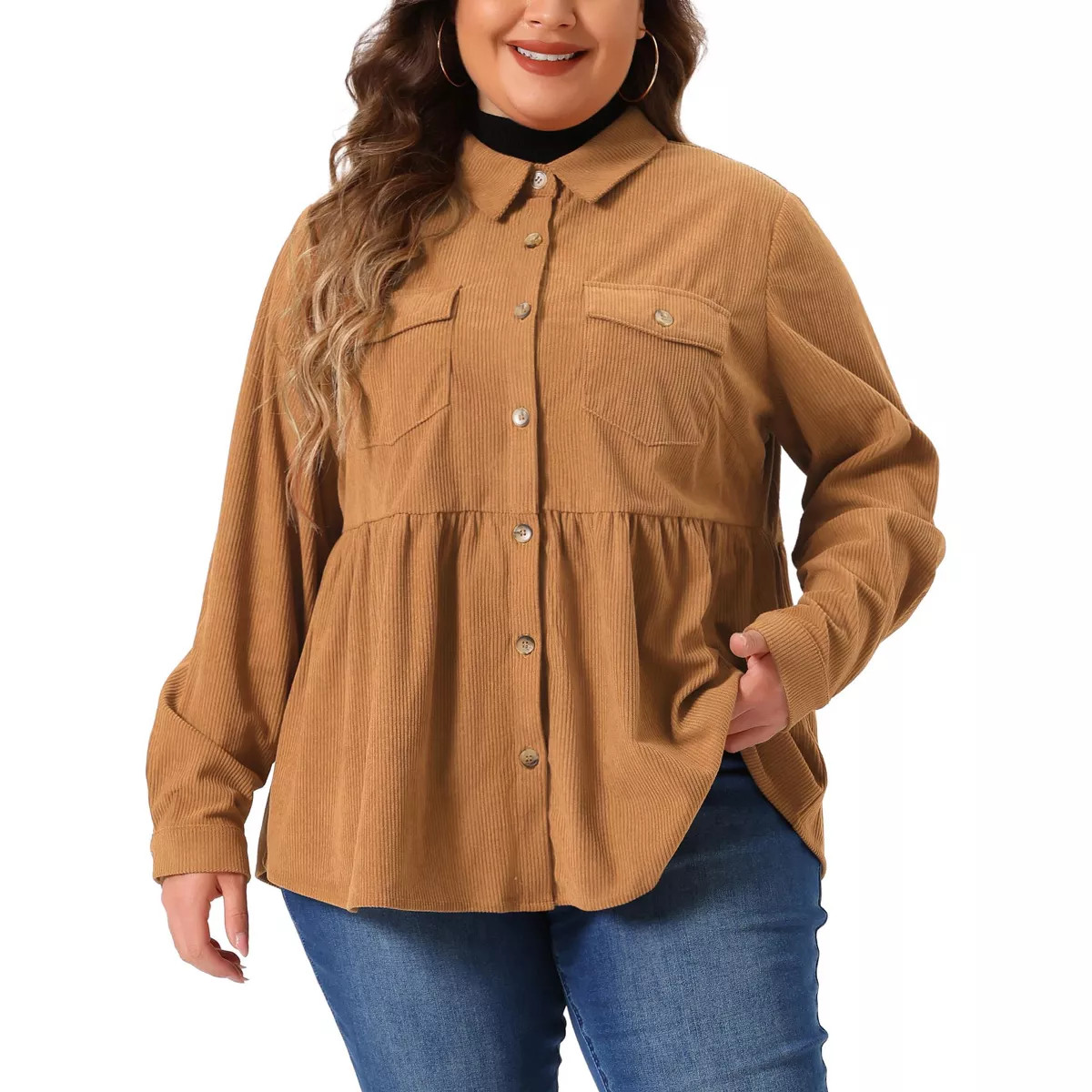 Agnes Orinda Women's Plus Size Corduroy Long Sleeve Pockets Peplum Button Down Shirts | Target