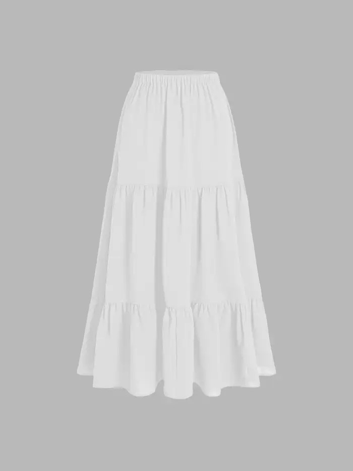 Solid Elastic Waist Ruffle Hem Tiered Maxi Skirt... | Cider