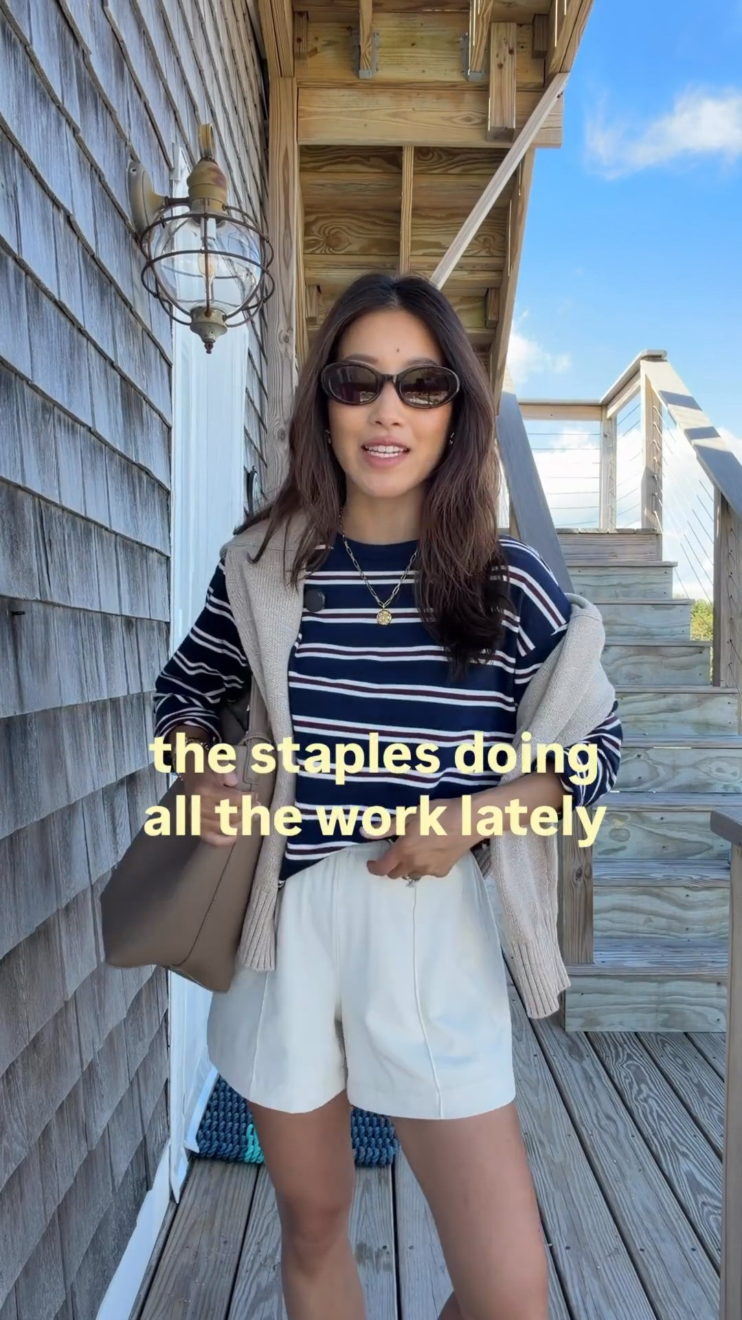 Please read sizing info!! 
1. Cotton stripe tee XXS regular, boxy fit (I don't need petite since it's shorter in length) love and got three colors in this! Also have brown and solid white. 
2. lulu shorts XXS hemmed for free. These come with a 6" inseam which wasn't bad on me, but I brought them in store to get hemmed to where the original horizontal stitched line was. Easy, free and quick process. I also own these in the 25” cropped pants version and love! 
3. Quince sweater XS oversized fit, old color but speckled beige is similar. Also comes in a striped version. Gap makes a great oversized crop sweater in petite as well linked. 
4. Teeks sandals great for beach or pool since waterproof, I sized up to a 6. 
5. Quince handbag in size small and madewell sunglasses

easy petite mom on the go outfit, late summer elevated casual staples

#LTKPetite #LTKSeasonal #LTKmomlife