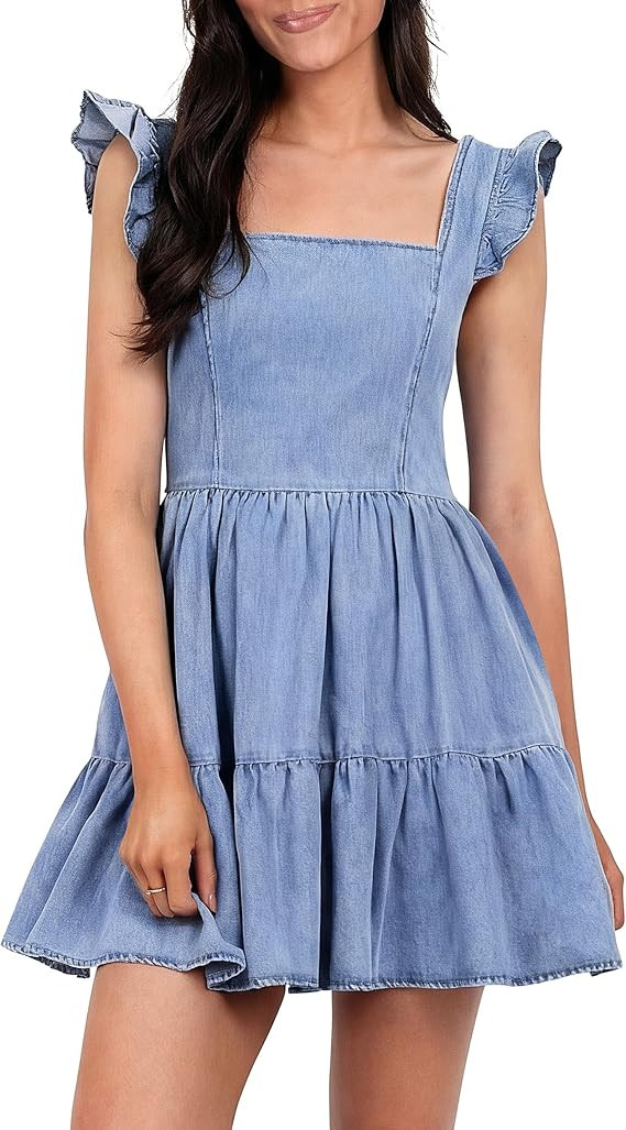 Women's Square Neck Ruffle Denim Dress, Sleeveless A-Line Cute Jean Mini Dress with Pockets for S... | Amazon (US)
