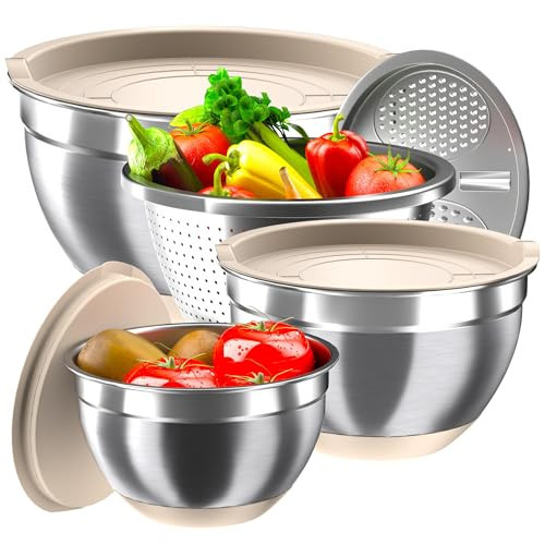 Mixing Bowls with Airtight Lids, Stainless Steel Mixing Bowl Set with 3 Metal Nesting Bowls, Colander & Grater, Non-Slip Bottoms, Size 1.5, 2.5, 6 QT, Great for Mixing & Serving, Khaki | Amazon (US)