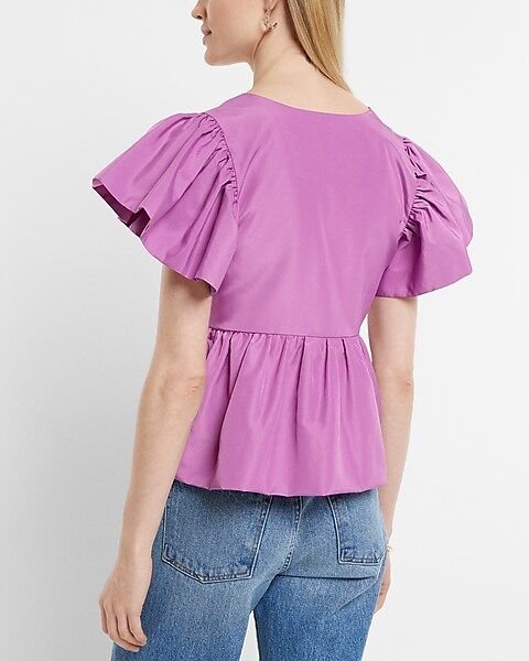 Square Neck Flutter Sleeve Peplum Babydoll Top | Express