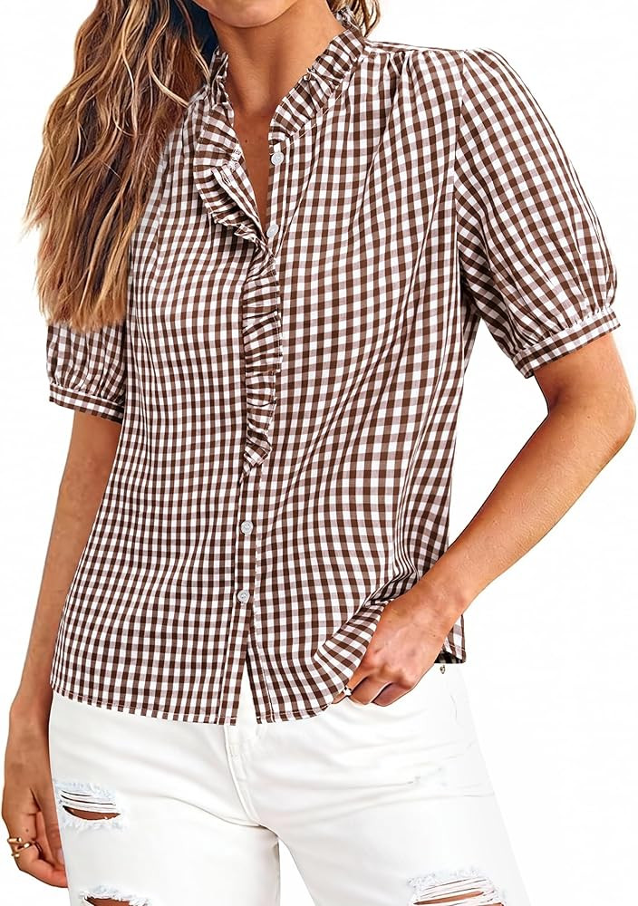 siliteelon Women Plaid Shirt Gingham Short Sleeve Top Button Down Ruffle V Neck Dress Shirts Cott... | Amazon (US)