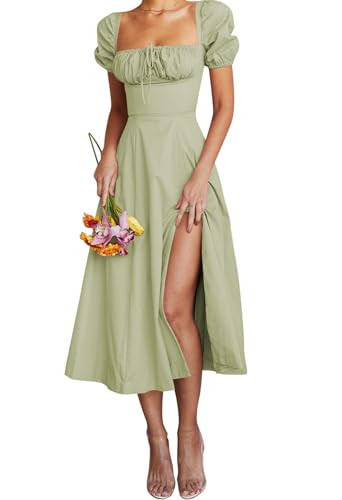 Linsery Midi Puff Sleeve Dress for Women Off The Shoulder Floral Midi Dresses Solid Green Small | Amazon (US)