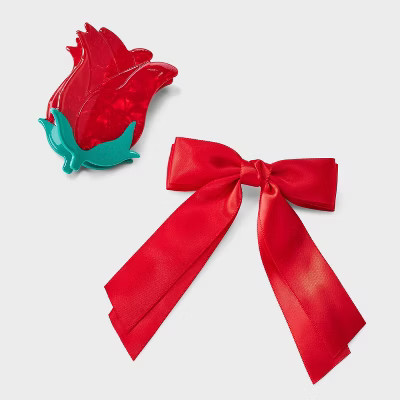 Valentine's Day Acrylic Rose Hair Claw Clip with Bow Set 2pc - A New Day™ Red | Target