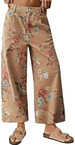 loveimgs Women Mid Rise Cropped Wide Leg Jeans Baggy Floral Ankle Pants Denim Capris Flare Print ... | Amazon (US)