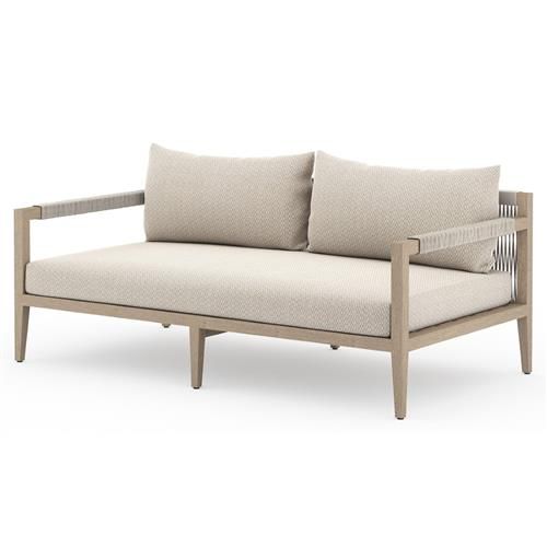 Cheryl Rustic Lodge Beige Upholstered Natural Teak Outdoor Sofa - Small - 63"W | Kathy Kuo Home