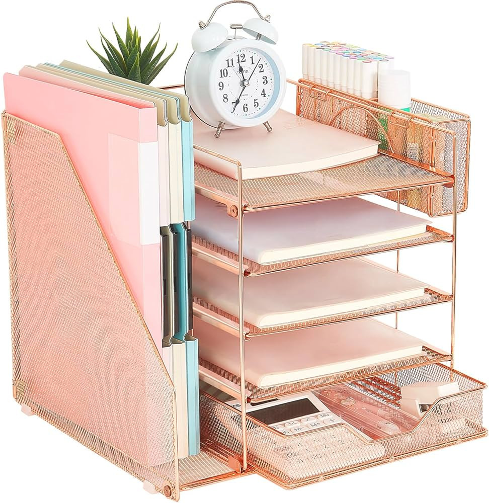 gianotter 5-Tier Paper Letter Tray Organizer with File Holder, Desk Organizer with Drawer and Pen... | Amazon (US)