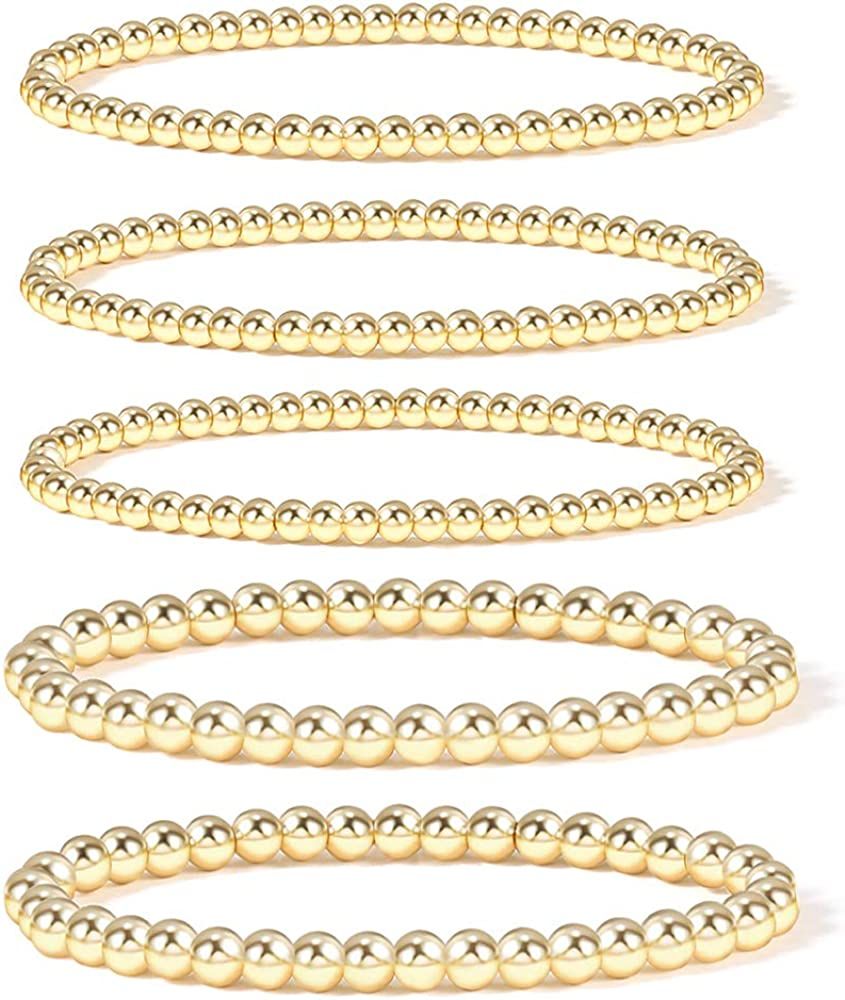 Amazon.com: Gold Bead Bracelet for Women, 14K Gold Plated Bead Ball Bracelet Stretchable Elastic ... | Amazon (US)