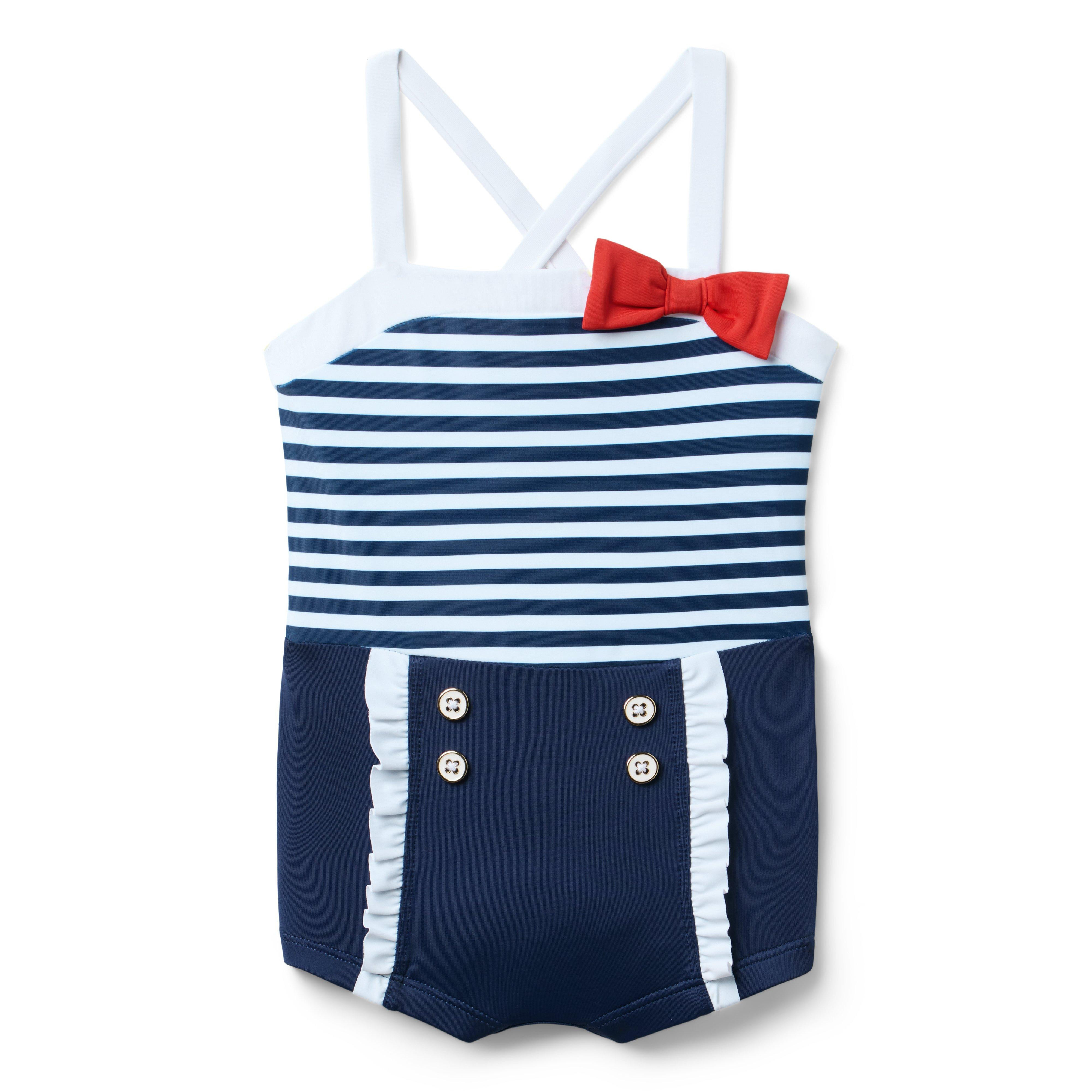 Janie and Jack | Retro Stripe Bow Swimsuit - Navy / 12-18m | Janie and Jack
