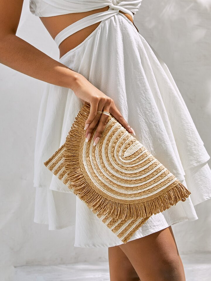 SHEIN VCAY Striped Pattern Fringe Trim Flap Straw Bag,Woven Bag,Perfect For Summer Beach Travel V... | SHEIN