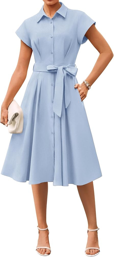 GRACE KARIN Womens Short Sleeve Shirt Dresses 2026 Summer Midi Button Down Dress Work Business Ca... | Amazon (US)