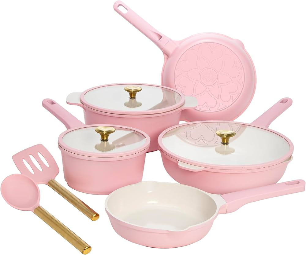 Paris Hilton Ceramic Nonstick Cookware Set, Cast Aluminum with Dual Layer Nonstick Coating, Gold ... | Amazon (US)