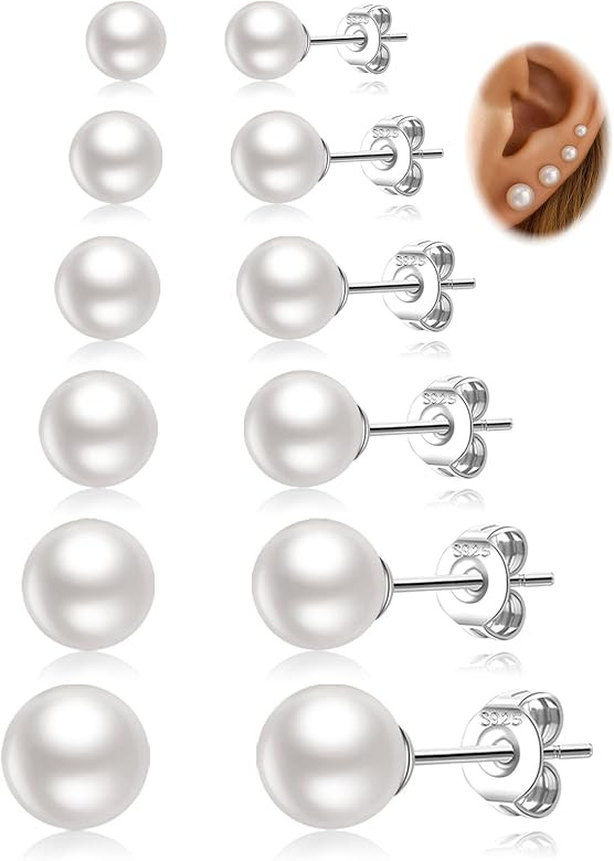 LOUMILEO 6 Pairs Pearl Stud Earrings Set Hypoallergenic Small Sterling Silver Stud Earrings for W... | Amazon (US)