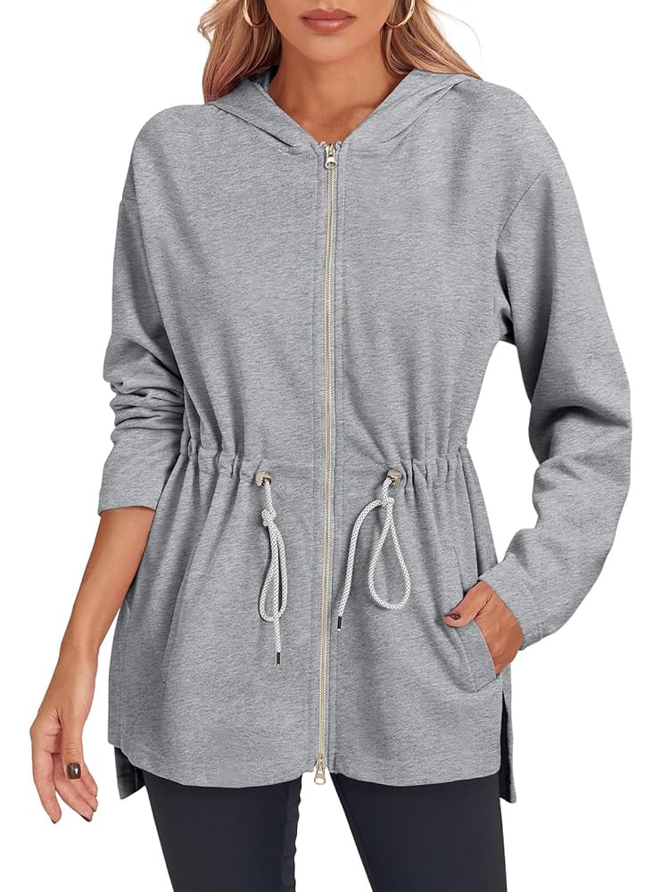 Fisoew Women's Zip Up Hoodie Sweatshirts Oversized Long Sleeve Casual Drawstring Waist Side Slit ... | Amazon (US)