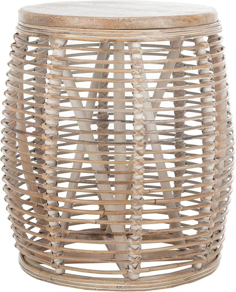 SAFAVIEH Home Collection \u2013 Maui Grey & White Washed Rattan Drum Accent Table Stool, Fully As... | Amazon (US)