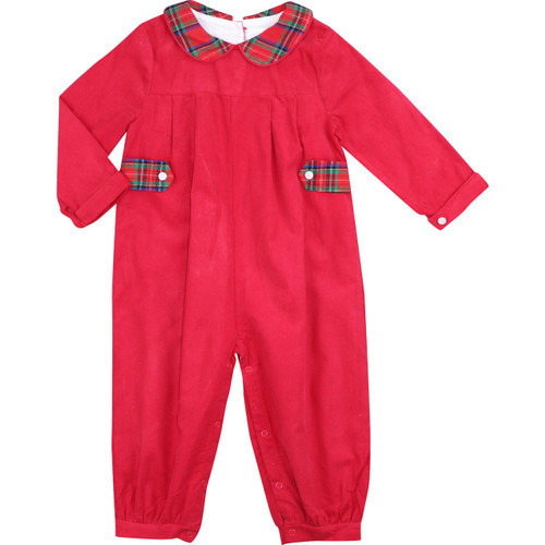 Red Corduroy And Green Plaid Long Romper | Cecil and Lou