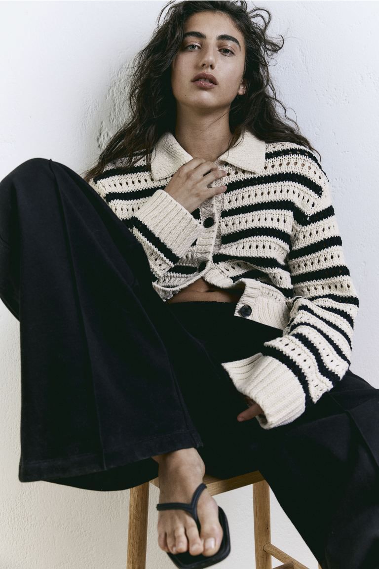 Hole-knit collared cardigan - Light beige/Striped - Ladies | H&M GB | H&M (UK, MY, IN, SG, PH, TW, HK)