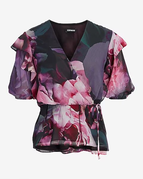 Floral Print Faux Wrap Puff Sleeve Peplum Top | Express